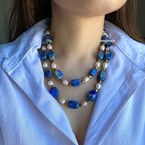 Lapis lazuli necklace with freshwater pearls , layered lapis necklace , multistrand lapis lazuli necklace , chunky raw lapis lazuli necklace image 1