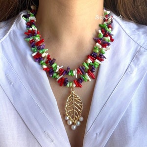 Multistrand colorful coral necklace , layered coral necklace , coral beaded necklace , chunky summer necklace , handmade necklace ,gift idea