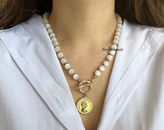 Selenite necklace , gemstone beaded gold toggle necklace , gemstone coin necklace , medallion necklace , trendy jewelry , unique gemstone