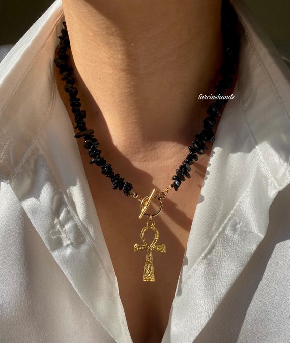 Gold-Plated Onyx Ankh Necklace: Beaded Toggle Clasp, 17.5 Inch