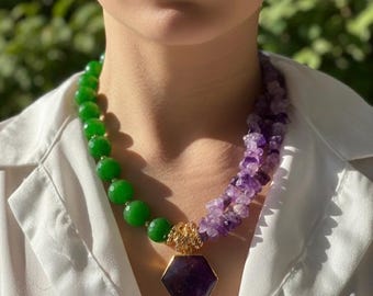 Green Agate Amethyst Necklace, Gold Plated Bohemian Statement Jewelry
