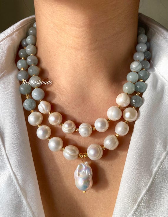 Multistrand Aquamarine and Baroque Pearl Gold Necklace, Blue Semi Precious Stone Layered Necklace,Natural Aquamarine and Pearl Statement
