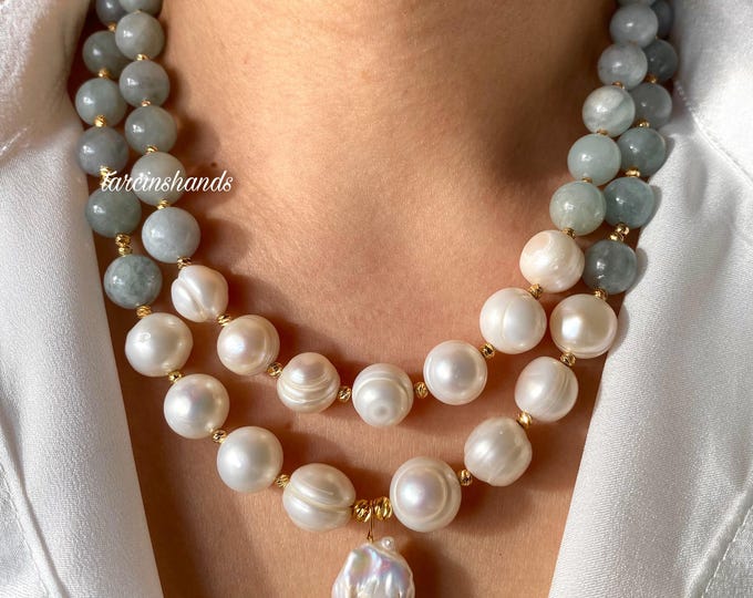 Multistrand Aquamarine and Baroque Pearl Gold Necklace, Blue Semi Precious Stone Layered Necklace,Natural Aquamarine and Pearl Statement