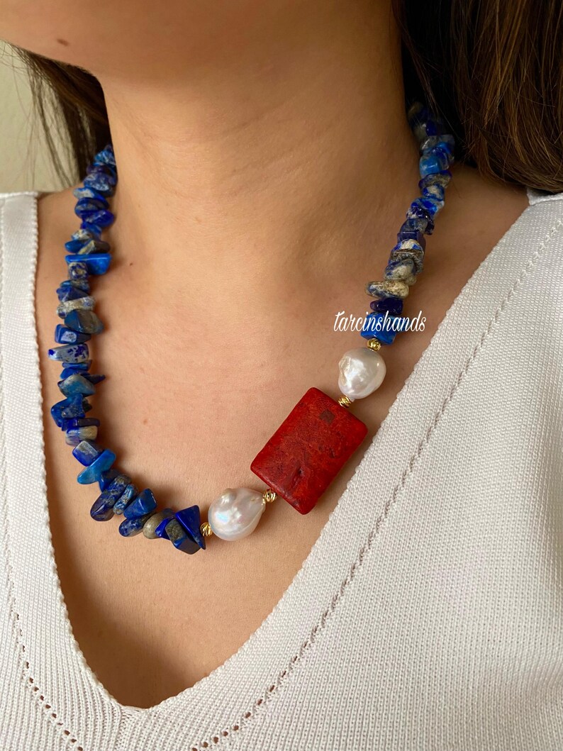 Lapis Lazuli, Baroque Pearl & Red Coral Goldplated Necklace Etsy
