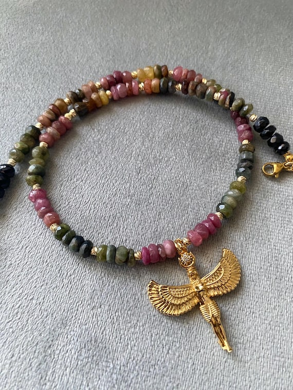 Multi Tourmaline Goddes Isis Necklace,Gold Filled Tourmaline Choker,Beaded Tourmaline Necklace,Dainty Gemstone Choker
