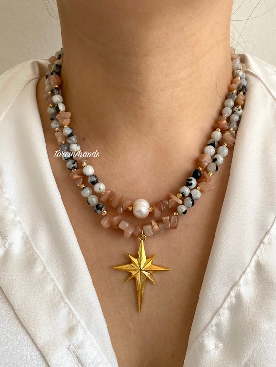 Gold Multistrand Sunstone Necklace: North Star Pendant, Pearl Accent