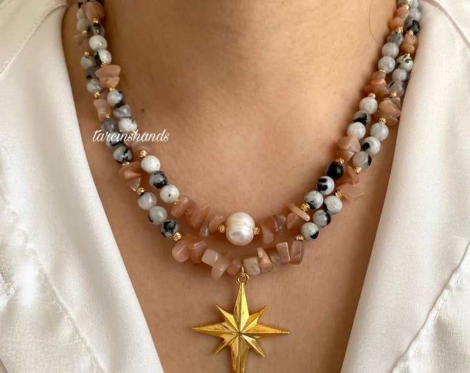 Multistrand Sun and Moonstone Gold Necklace with North Star Pendant , Two Strand Gemstone Necklace , Sunstone Necklace , Gift For Women