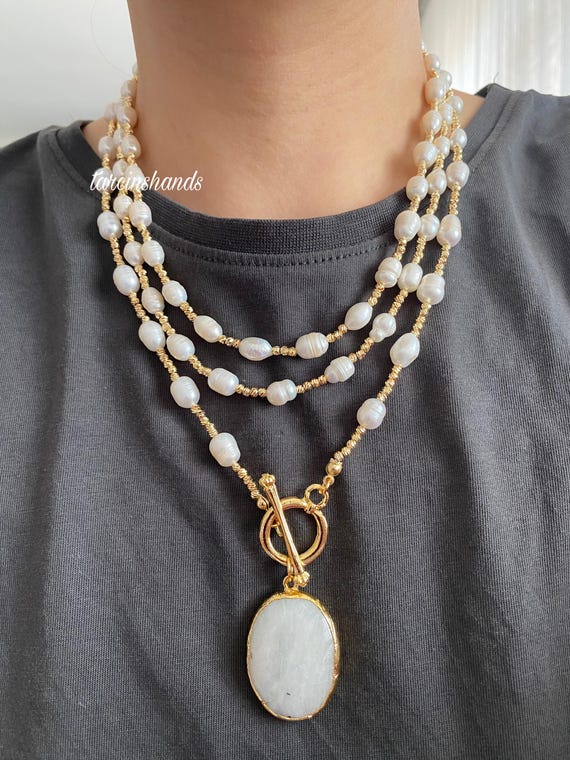 Multistrand Freshwater Pearl Necklace: Gold Toggle, Moonstone Pendant