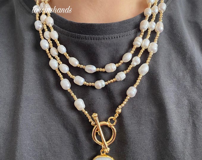 Multistrand Freshwater Pearl Gold Toggle Moonstone Pendant Necklace,Statement Real Pearl Pearl Necklace,3 Strand Pearl Bib Necklace