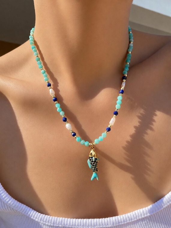 Amazonite Necklace Gold Filled Fish Pendant,Minimalist Lapis Lazuli Natural Pearl,Summer Jewelry