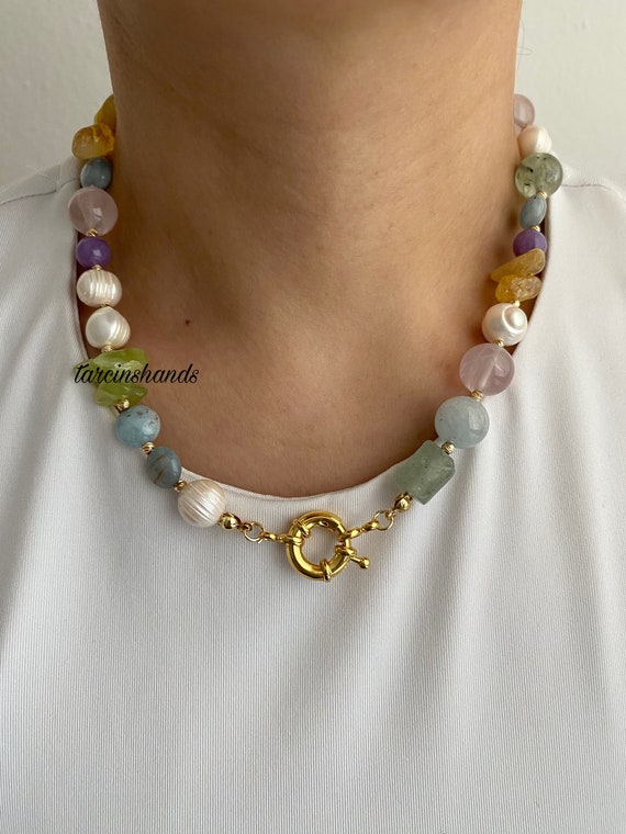 Multicolor Gemstone and Pearl Necklace, 18 Inch Gold Toggle Clasp Choker, Rainbow Crystal Jewelry, Birthstone Gift, Colorful Single Strand