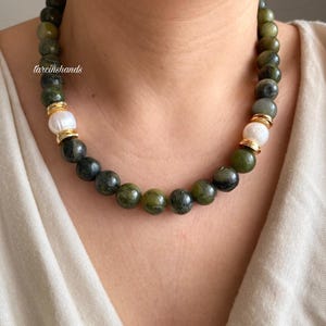 Chunky Jade & Pearl Necklace: Gold-Plated Boho Statement Jewelry