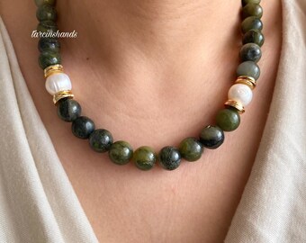 Dikke jade en parelketting: vergulde boho-statementsieraden