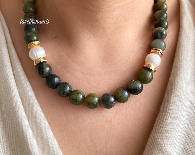 Big Bold Jade Pearl Gold Filled Necklace,Natural Jade Boho Necklace,Statement Chunky Green Gemstone Necklace,Jade Bead Side Pearl Necklace