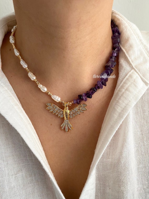 Amethyst and Pearl Gold Phoenix Pendant Necklace , Half Half Gemstone Freshwater Pearl Necklace Gift For Women , Natural Amethyst Necklace