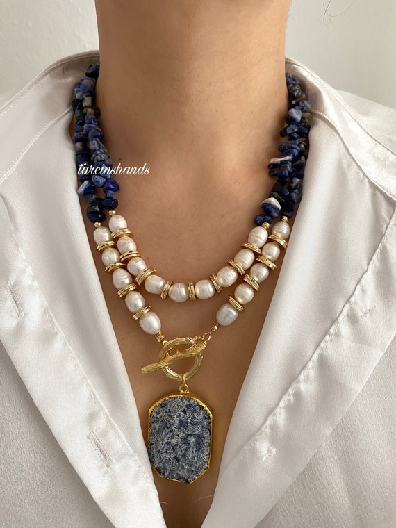 Multistrand Sodalite & Pearl Necklace: Gold Toggle Clasp, Layered Gemstone