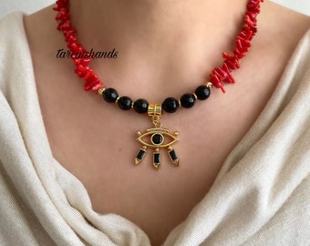Red Coral and Onyx Eye Pendant Gold Plated Necklace - Boho Statement Jewelry - Anniversary Gifted - Summer Necklace Idea - Gift for her