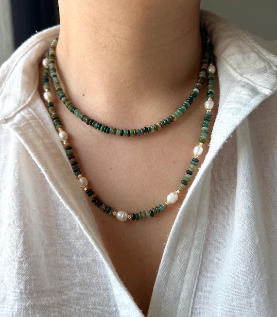 Indian Agate and Freshwater Pearl Necklace: Gold-Plated Boho Jewelry Gift For