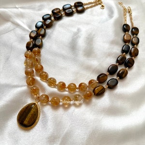 Multistrand Citrine and Tiger's Eye Gold Necklace with Tiger's Eye Stone Pendant , Brown and Yellow Gemstone Necklace , Statement Gemstone image 3