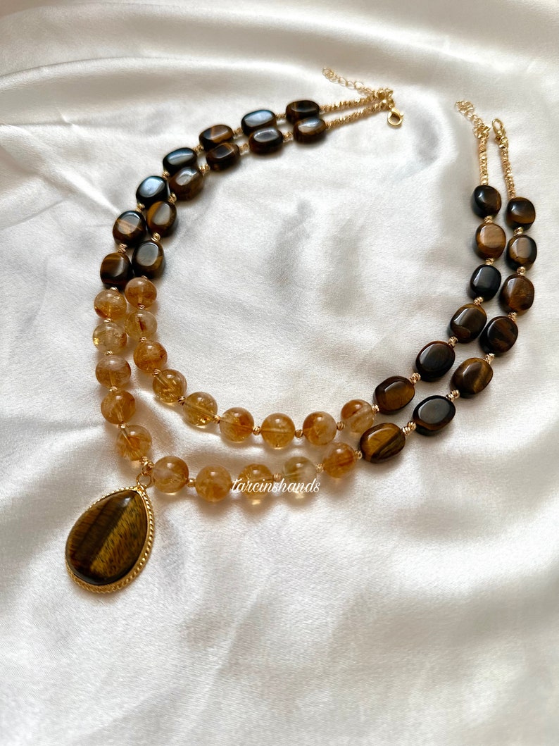 Multistrand Citrine and Tiger's Eye Gold Necklace with Tiger's Eye Stone Pendant , Brown and Yellow Gemstone Necklace , Statement Gemstone image 3