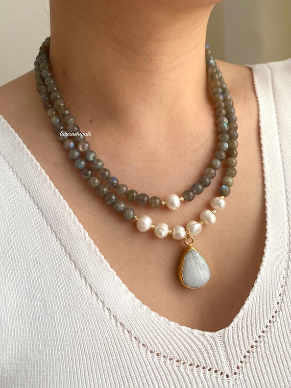 Labradorite Pearl Multistrand Necklace with Moonstone Pendant