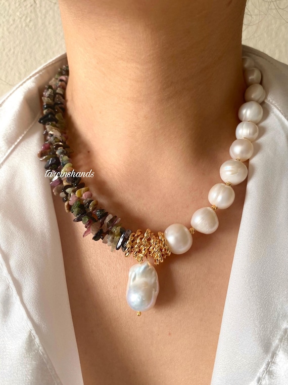 Tourmaline Baroque Pearl Necklace: Gold-Plated Half-Half Design Gift