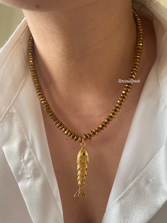 Movable Fish Pendant Necklace: Golden Hematite Bead Necklace