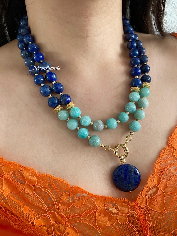 Lapis Lazuli Amazonite Necklace: Boho Gold-Plated Multistrand Gemstone