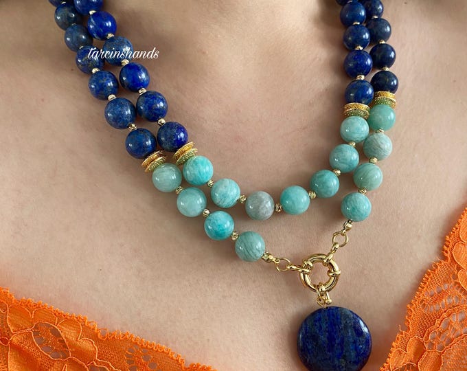 Lapis Lazuli and Amazonite Beaded Layered Necklace,Blue Semi Precious Stone Boho Summer Necklace For Women,Handmade Chunky Gemstobe Necklace