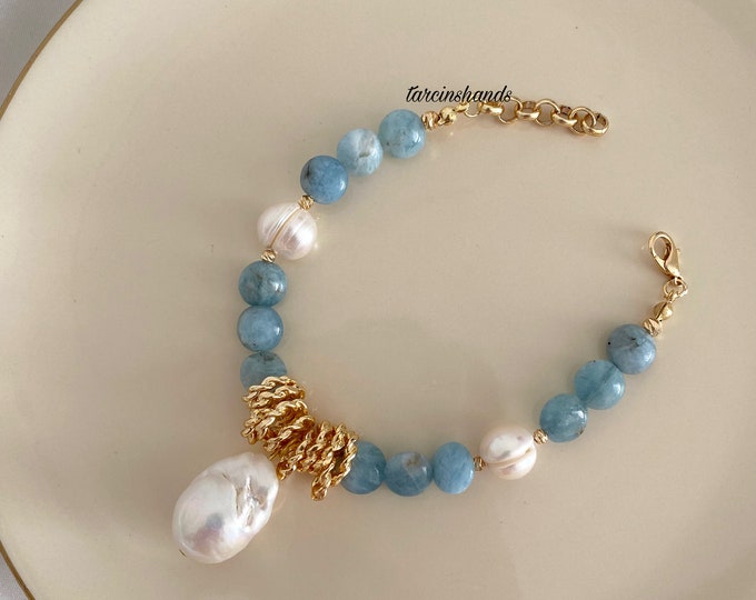 Aquamarine Baroque Pearl Gold Bracelet , Natural Aquamarine Beaded Real Baroque Pearl Pendanr Bracelet , Statement Bracelet,Gift For Her
