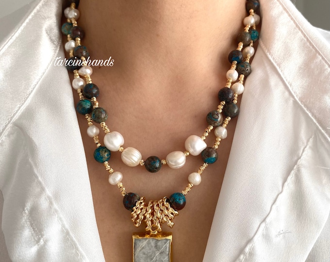 Multistrand Chrysocolla and Pearl Gold Necklace with Moonstone Pendant , Statement Gemstone Pearl Necklace , Gift For Women Birthday