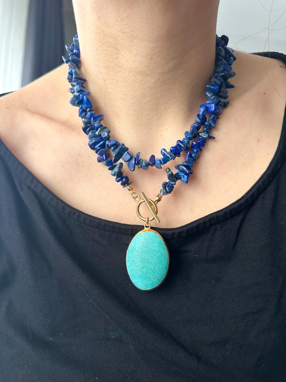 Lapis Lazuli Turquoise Pendant Necklace, Gold Plated Toggle Clasp, Boho Statement