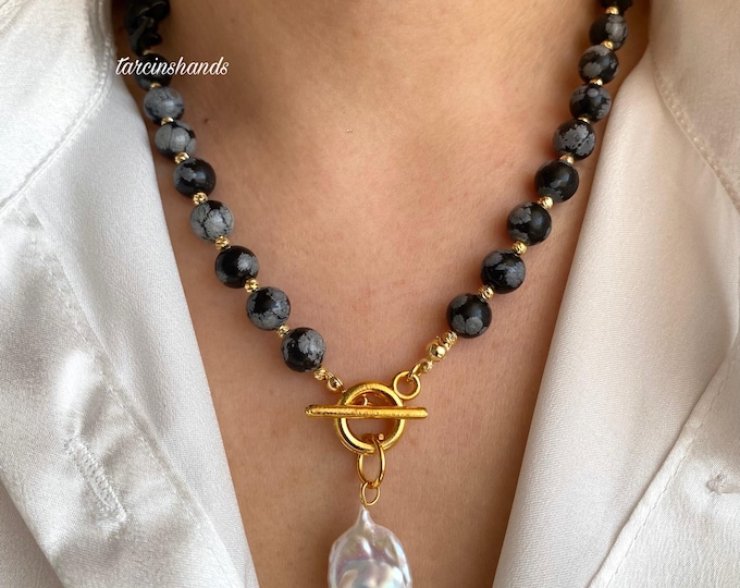 Snowflake Obsidian Gold Toggle Necklace with Real Big Baroque Pearl Pendant,Black Gemstone T Bar Necklace,Pearl Pendant Gemstone Necklace