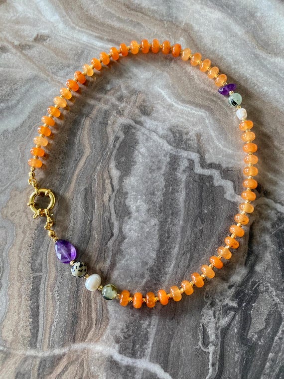 Orange Agate Amethyst Jasper Pearl Necklace, Gold Toggle Clasp, 17.5 Inch Statement Jewelry