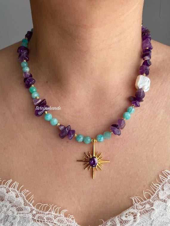 Amazonite and Amethyst Necklace, Gold North Star Pendant, Freshwater Pearl Bead, Celestial Jewelry, Guidance Gift, 17 Inch Choker