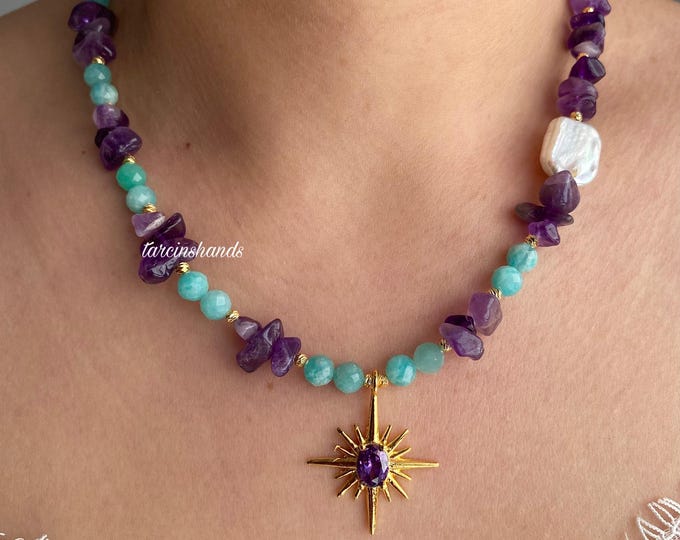 Amazonite and Amethyst Side Pearl Necklace with North Star Pendant,Celestial Semi Precious Stone Dainty Necklace,Gift For Women