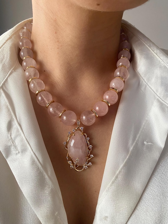 Chunky Rose Quartz Statement Necklace, Love Stone Jewelry, Raw Crystal Gemstone Collar, Large Pink Quartz Pendant, Gold Plated Gift