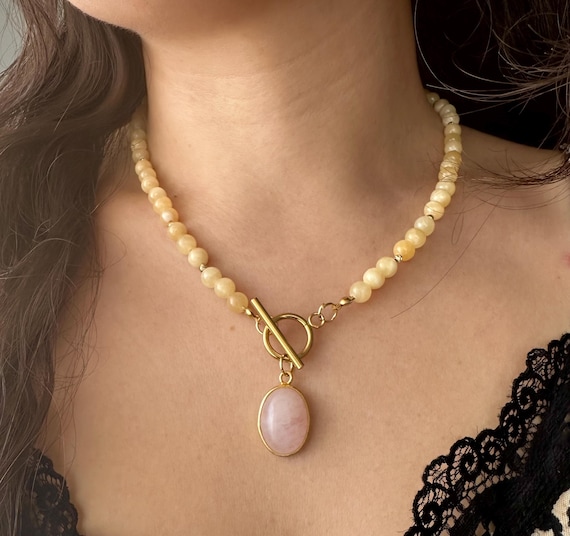 Yellow Calcite Beaded Necklace: Pink Quartz Pendant, Gold-Plated Toggle Clasp