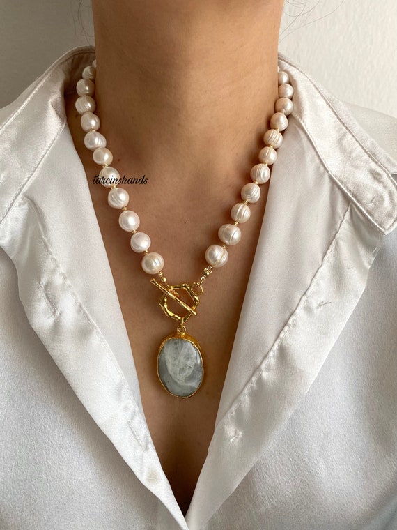 Baroque Pearl Necklace: Gold Toggle, Moonstone Pendant