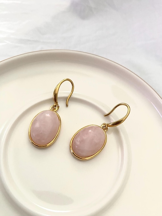 Dainty Rose Quartz Earrings: Gold Plated Stainless Steel Hooks
