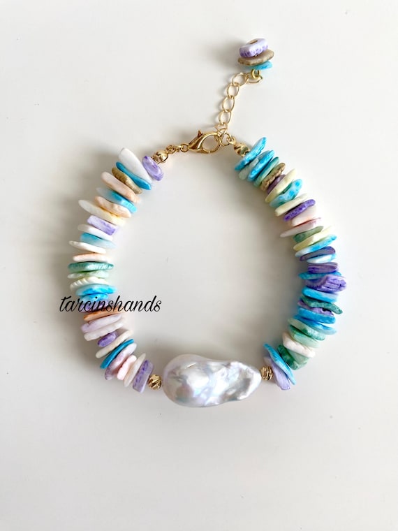 Baroque Pearl Bracelet: Pastel Seashells, Gold-Plated Boho Jewelry