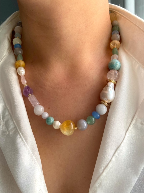 Baroque Pearl Gemstone Necklace: Chunky Pastel Bohemian Jewelry Gift For