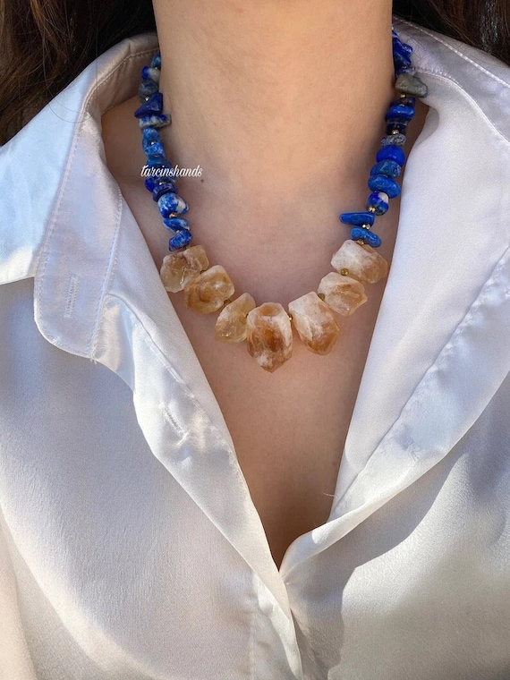 Raw Citrine and Lapis Lazuli Necklace: Chunky Boho Gemstone