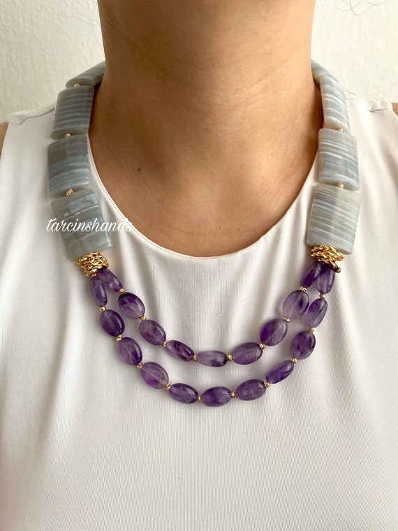 Amethyst and Chalcedony Statement Necklace, Handmade Gray & Purple Gemstone Jewelry, Gold Plated Designer Gift, 20 Inch Boho Necklace