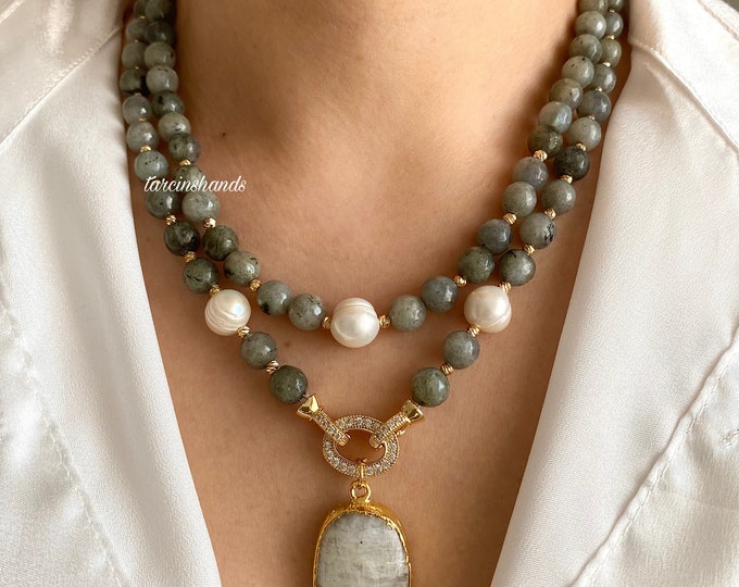 Multistrand Labradorite and Pearl Gold Necklace with Moonstone Pendant , Statement Gray Gemstone Necklace , Chunky Multistrand Necklace