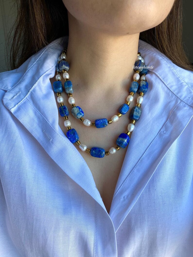 Lapis lazuli necklace with freshwater pearls , layered lapis necklace , multistrand lapis lazuli necklace , chunky raw lapis lazuli necklace image 1