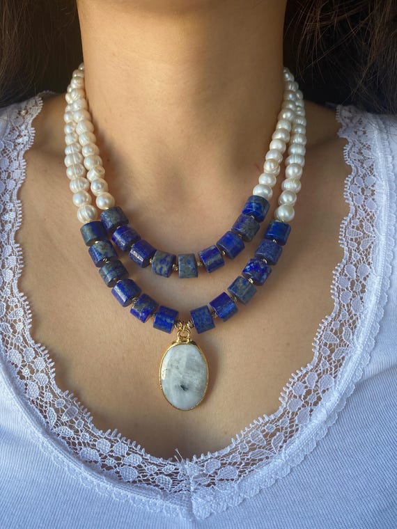 Lapis Lazuli Statement Necklace, Freshwater Pearl Pendant, Royal Blue Gemstone Jewelry, Gold Plated Beaded Choker, Gift for Wife