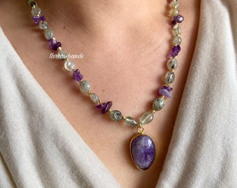 Handmade Prehnite & Amethyst Necklace: Gold-Plated Boho Jewelry