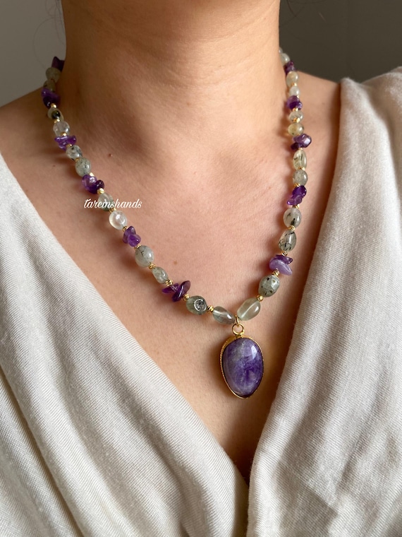 Handmade Prehnite & Amethyst Necklace: Gold-Plated Boho Jewelry
