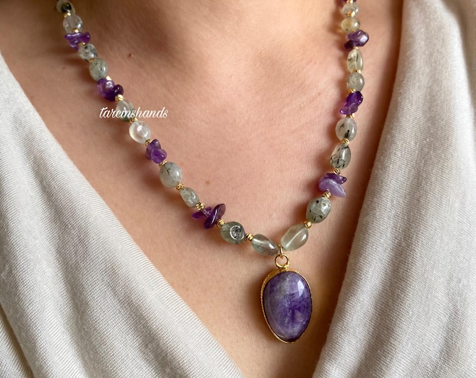 Prehnite and Amethyst Gold Filled Necklace,Dainty Green and Purple Gemstone Handmade Necklace,Elegant Gift Necklace,Unique Amethyst Necklace